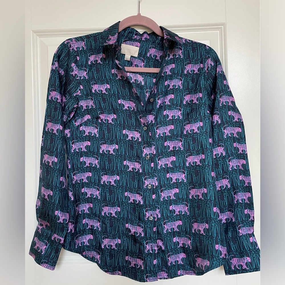 J. Crew 100% Silk Purple Tiger Print Button-Up Shirt